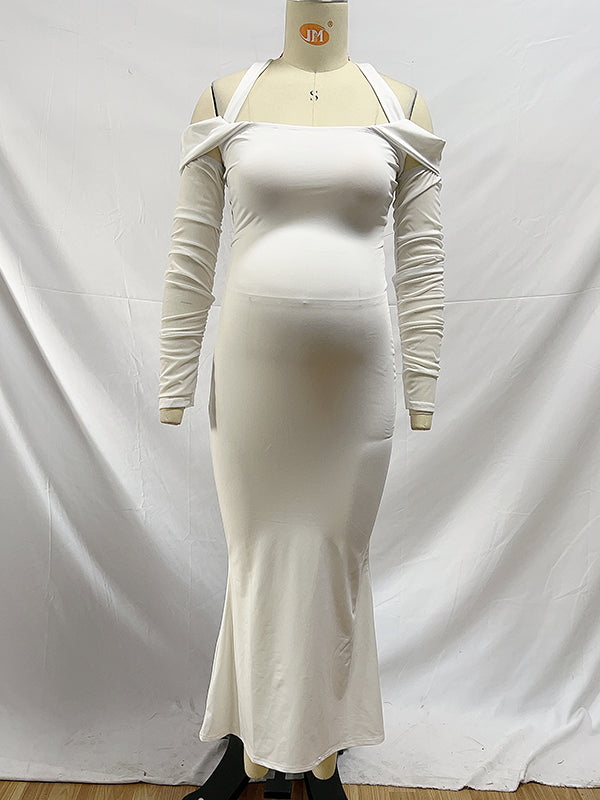 Blanco Sin Hombros Cuello Halter Bodycon Elegante Cóctel Maternidad Baby Shower Maxi Vestido