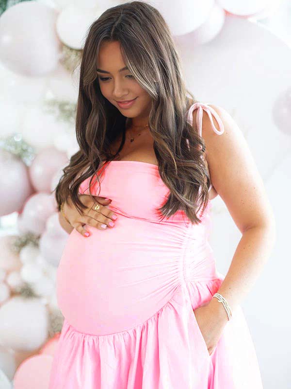 Color Sólido Acanalado Anudado Correa Ajustable Bolsillos Big Swing Para Baby Shower Maternidad Vestido Largo