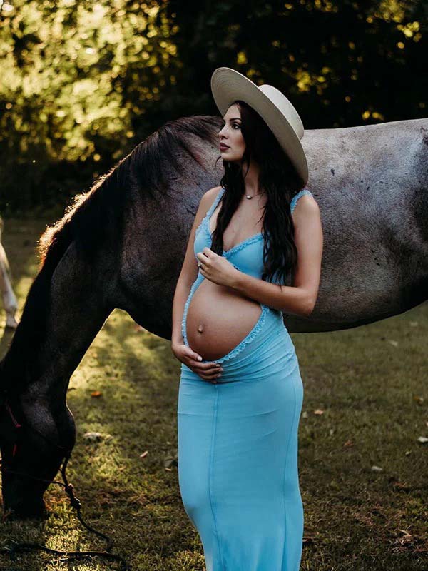 Vestido Maxi De Maternidad Ajustado Con Tirantes Finos, Volantes Y Lazo Falbala De Tul