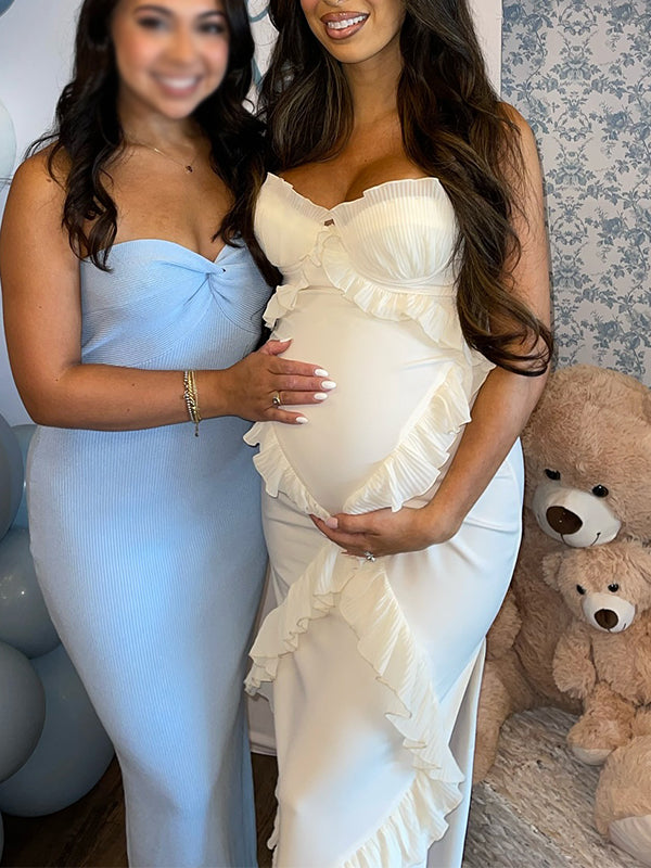 Blanco Volantes Abertura Lateral Corsé Elegante Cóctel Para Baby Shower Maternidad Vestido Largo