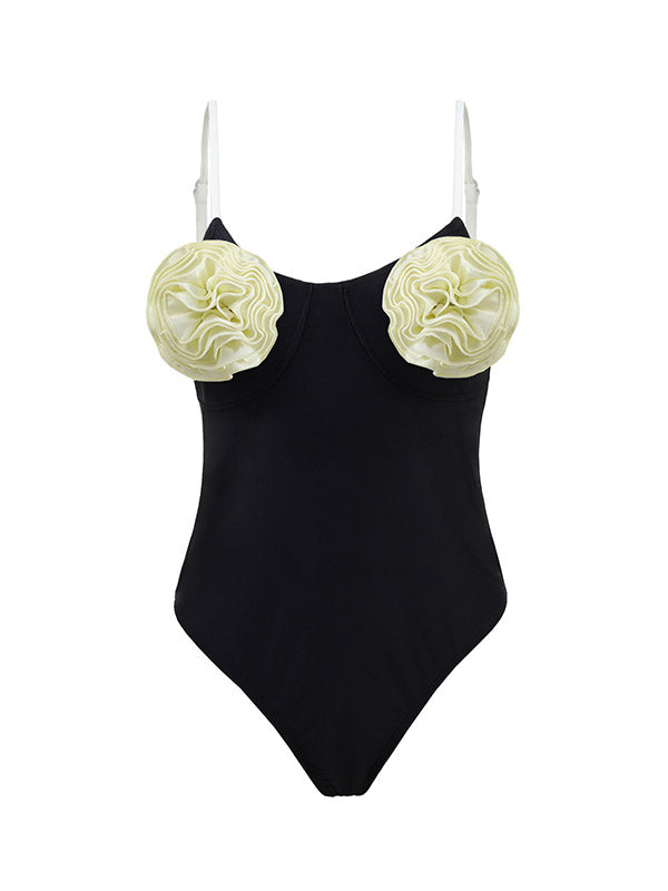 Bañador De Maternidad Negro Con Flores 3D