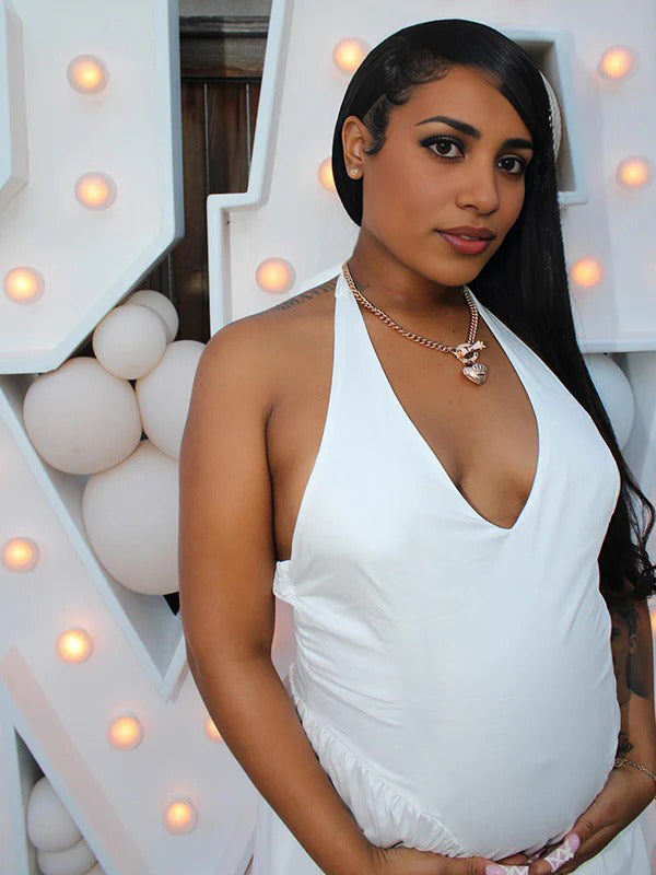 Vestido Maternidad Elegante con Espalda Descubierta para Fiesta de Cóctel y Baby Shower