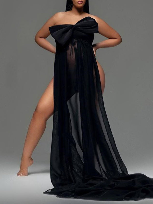 Vestido Premamá con Arco Sheer Hendidura Lateral Sin Hombros y Sin Espalda
