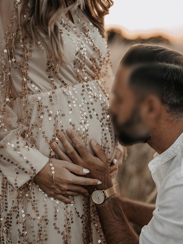 Albaricoque Lentejuelas Borla Tul Acanalado Espalda Anudada Bohemios Fotografía Maternidad Vestido Largo