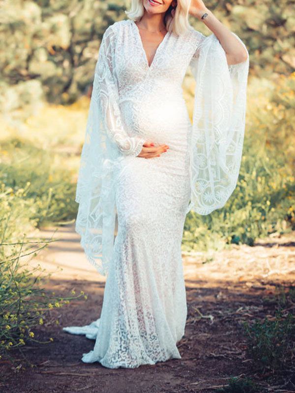 Blanco Encaje Trompeta Cuello en V Manga Murciélago Fotografía Maternidad Vestido Largo