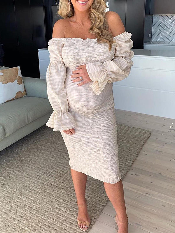 Volantes Hombros Descubiertos Manga Larga Ajustado Vestidos Para Baby Shower