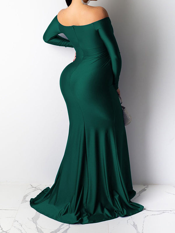 Verde Hombros Descubiertos Abertura Vestido Largo Entallado Vestido De Noche Vestidos Para Baby Shower