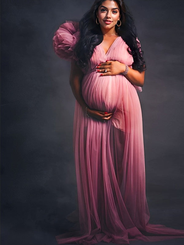 Vestido largo maternidad plus size tul volantes escote V abertura para baby shower