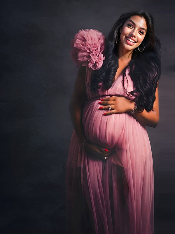 Vestido largo maternidad plus size tul volantes escote V abertura para baby shower