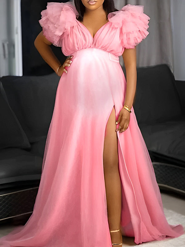 Vestido largo maternidad plus size tul volantes escote V abertura para baby shower