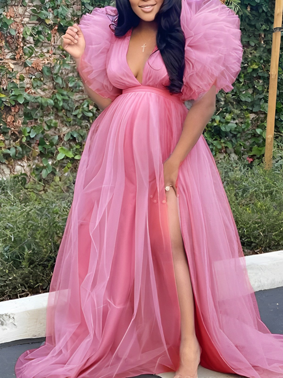 Rosa Tul Volantes Falda Amplia Abertura Cuello En V Talla Extra Bata Vestidos Foto De Maternidad