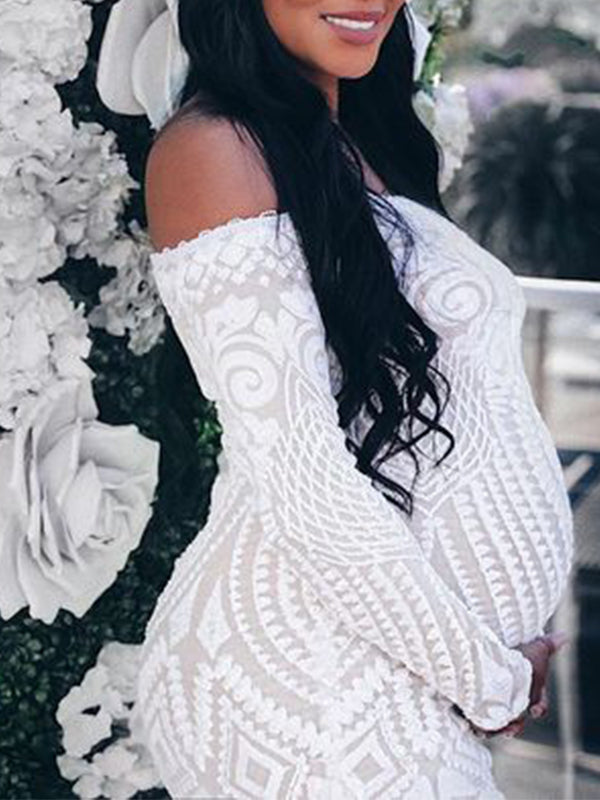 Blanco Encaje Lentejuelas Hombros Descubiertos Sirena Vestido De Novia Baby Shower Elegante Formal Vestidos De Foto De Maternidad