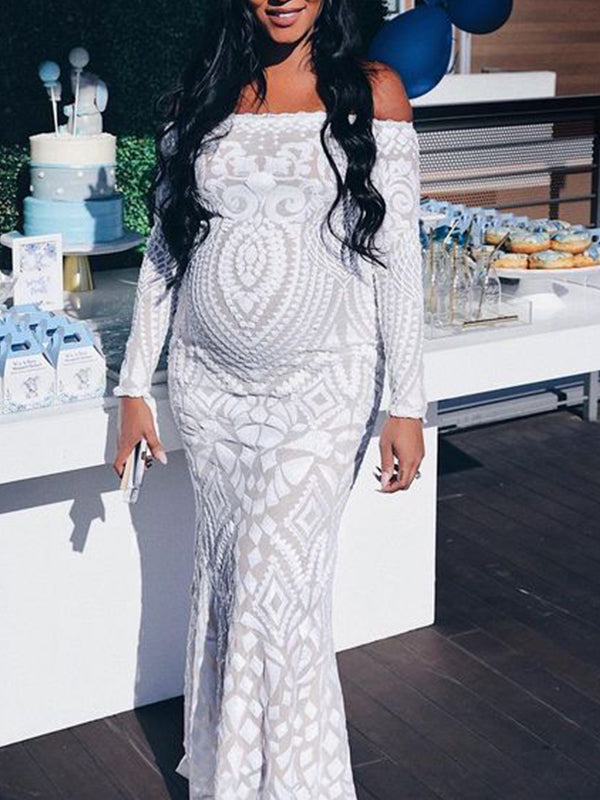 Blanco Encaje Lentejuelas Hombros Descubiertos Sirena Vestido De Novia Baby Shower Elegante Formal Vestidos De Foto De Maternidad