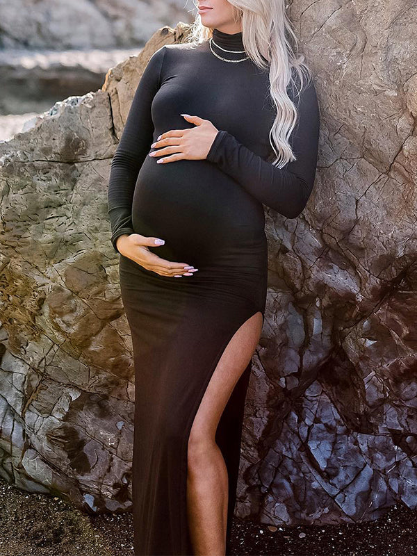 Vestido Largo Para Baby Shower Maternidad con Cuello Alto Abertura Lateral Ajustado