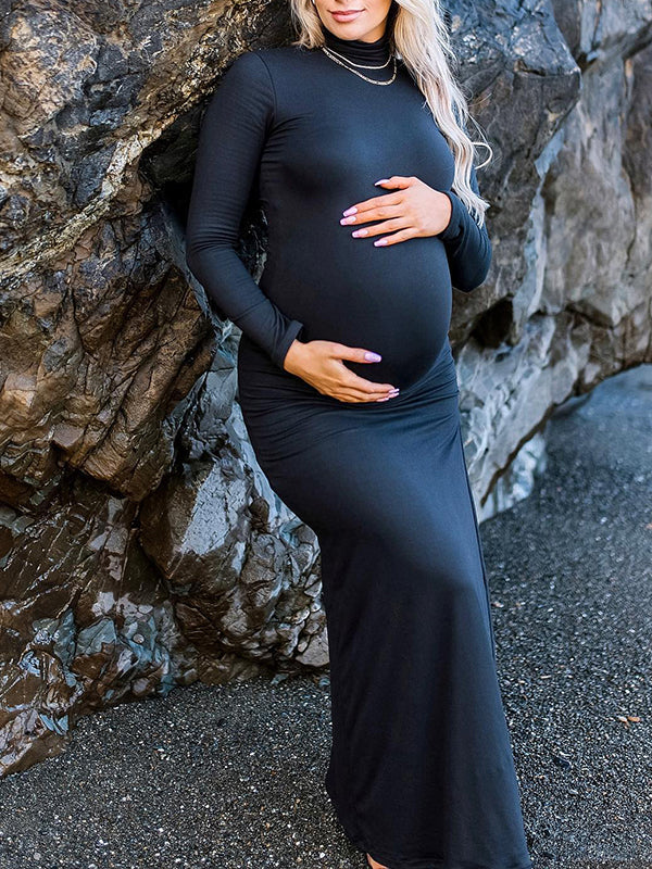 Vestido Largo Para Baby Shower Maternidad con Cuello Alto Abertura Lateral Ajustado