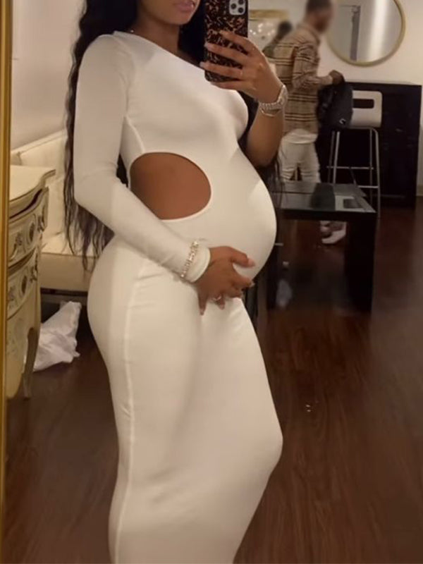Un Hombro Recorte Irregular Ajustado Manga Larga Moda Baby Shower Maternidad Vestido Largo