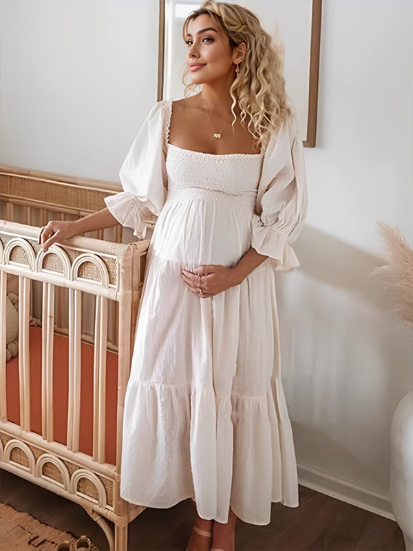 Blanco Sin Hombros Volantes Manga Globo Lazo BohemioI Maternidad Vestido Largo