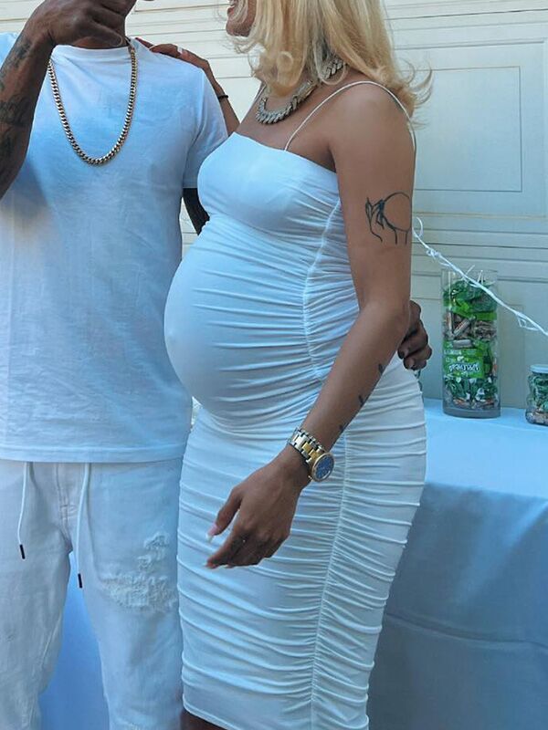 Vestido Midi de Maternidad con Tirantes , Espalda Descubierta y Volantes para Baby Shower