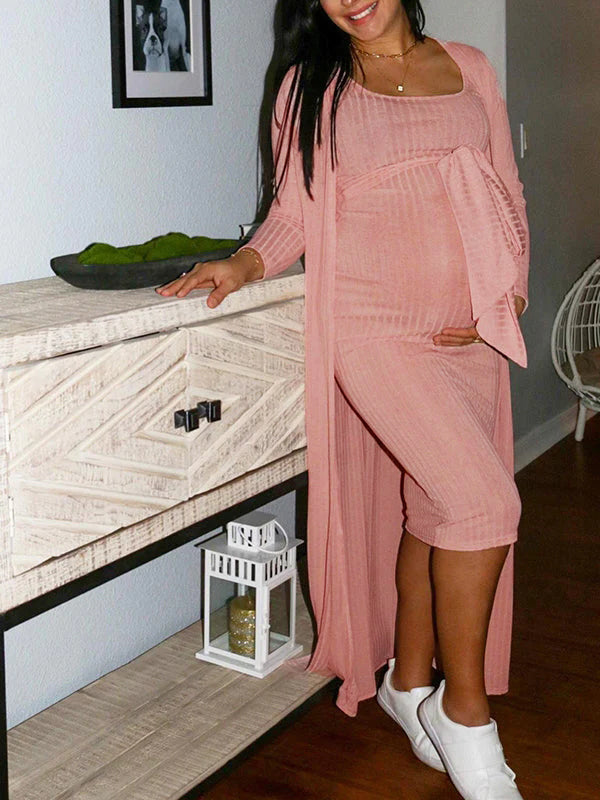 Vestido Midi Premamá Tipo Con Jersey Sin Hombros, Fajas Y Cardigan Para Baby Shower