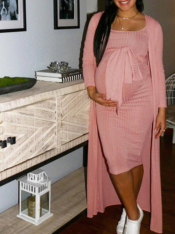 Vestido Midi Premamá Tipo Con Jersey Sin Hombros, Fajas Y Cardigan Para Baby Shower