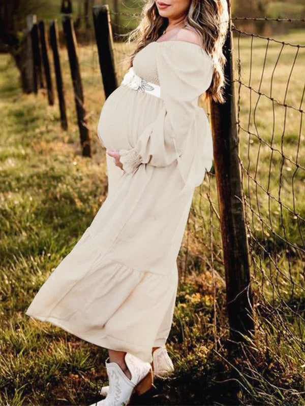 Volantes Cintura Alta Bohemio Fluido Manga Larga Talla Extra Vestido Largo De Foto De Maternidad