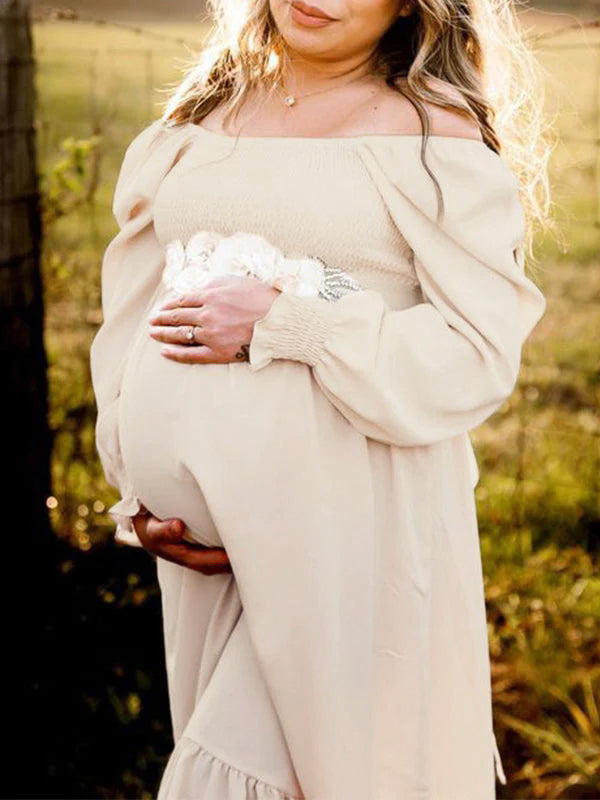 Volantes Cintura Alta Bohemio Fluido Manga Larga Talla Extra Vestido Largo De Foto De Maternidad
