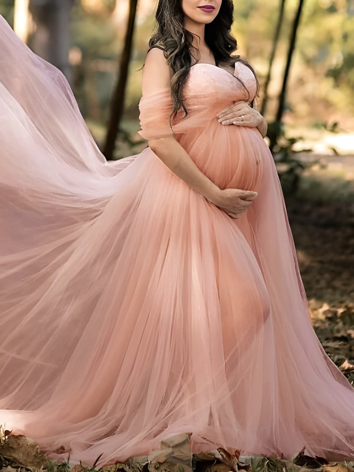 Vestido De Foto De Maternidad con Tul Granadino Encaje y Sin Hombros Elegante