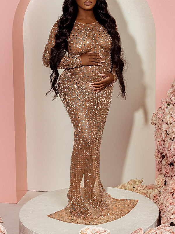 Sparkly Diamante Pedrería Malla Hendidura Sirena Sheer Fotografía Maternidad Vestido Largo