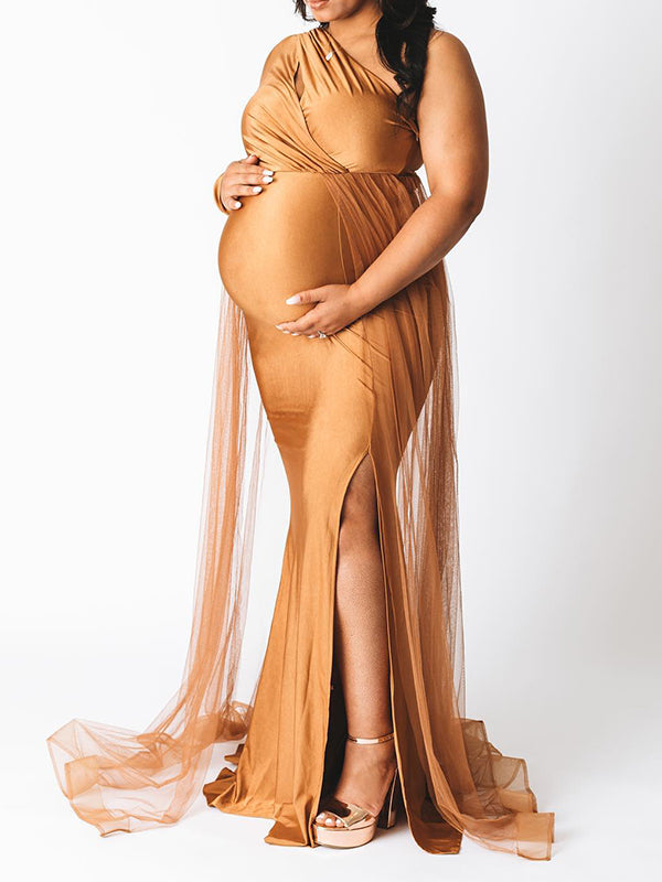 Caqui Un Hombro Calado Tul Con Cola Abertura Talla Extra Elegante Vestido Largo De Foto De Maternidad