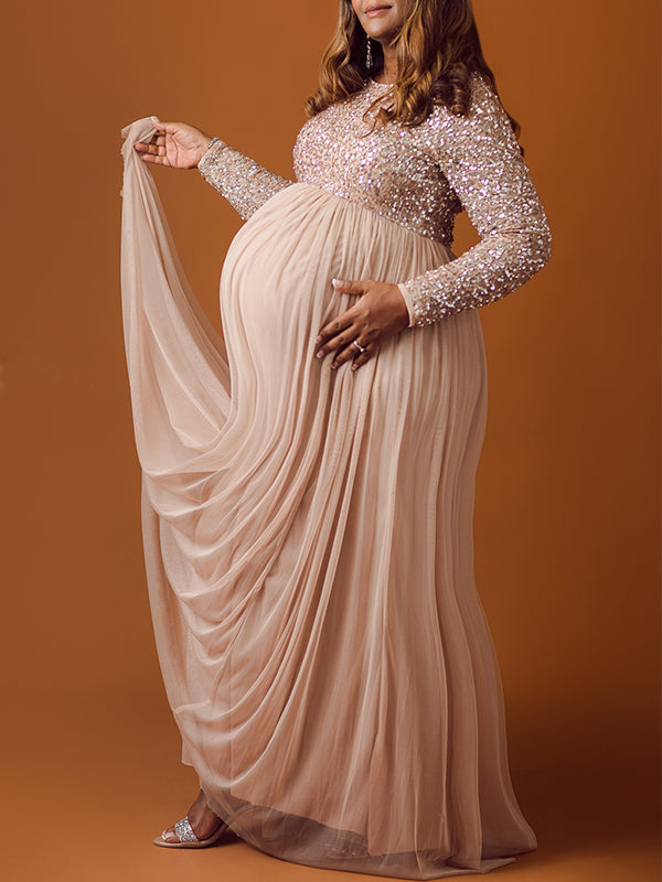 Champán Lentejuelas Tul Empalme Manga Larga Vestido De Fiesta Elegante Vestido Largo De Foto De Maternidad