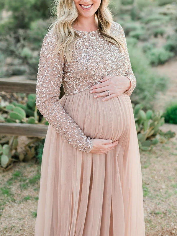 Champán Lentejuelas Tul Empalme Manga Larga Vestido De Fiesta Elegante Vestido Largo De Foto De Maternidad