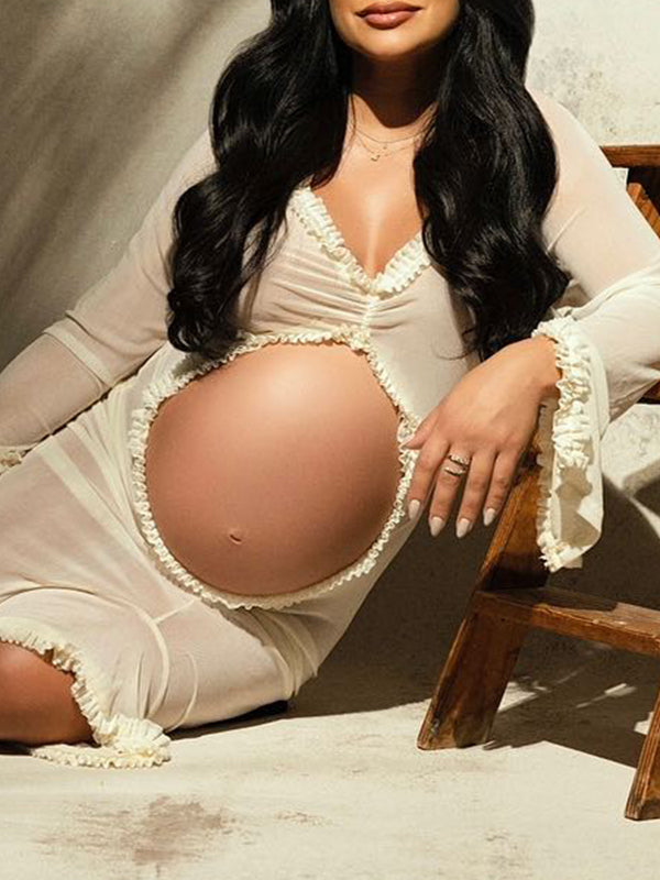 Blanco Marfil Transparente Volantes Calado Abertura Falbala Escote En V Profundo Sirena Elegante Vestido Largo De Foto De Maternidad