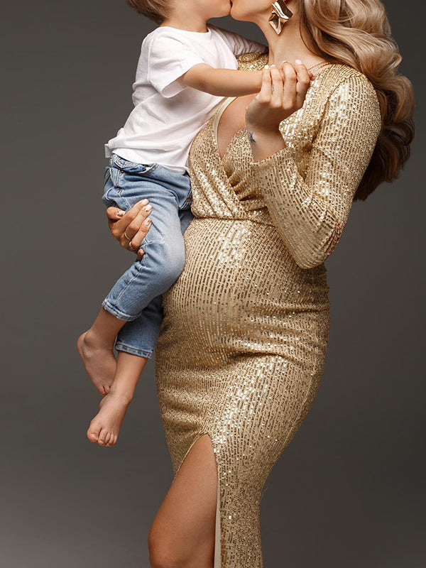 Vestidos De Foto De Maternidad Lentejuelas con Cuello En V Elegante para Noche