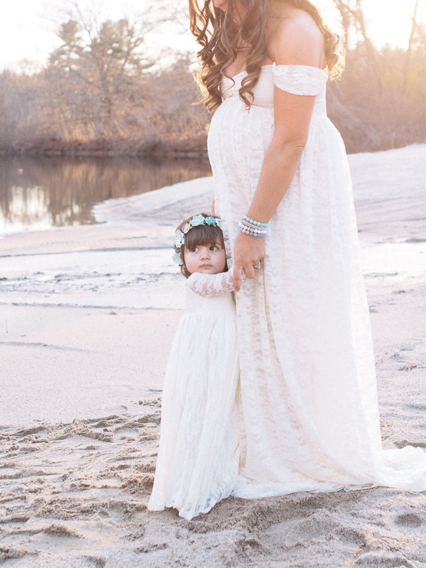 Vestido Maxi Premamá Encaje Off Shoulder Manga Corta Fotos Maternidad