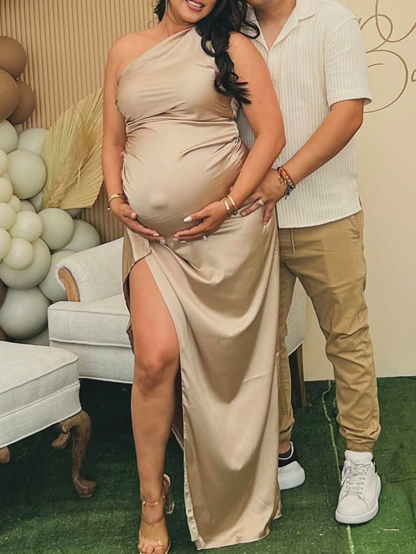 Champán Un Hombro Espalda Descubierta Raso Abertura Lateral Por La Noche Para Baby Shower Maternidad Vestido Largo