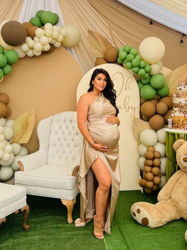 Champán Un Hombro Espalda Descubierta Raso Abertura Lateral  Por La Noche Para Baby Shower Maternidad Vestido Largo