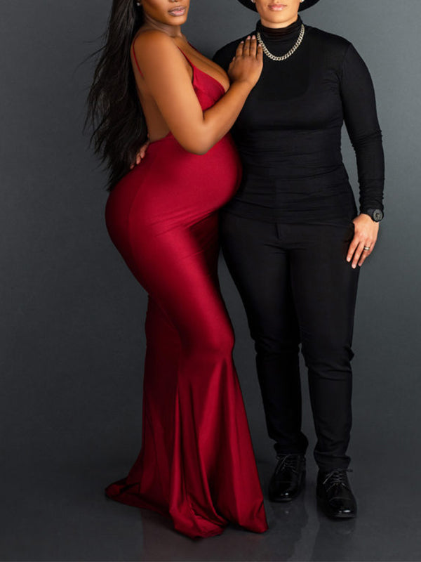 Vestido De Maternidad Para Sesiones Fotográficas Con Tirantes Y Corte Sirena Ajustado