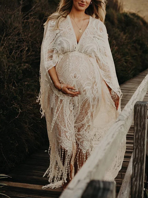 Encaje Blanco Borla Bohemia Puro Cintura Alta Manga Acampanada Vestidos De Foto De Maternidad