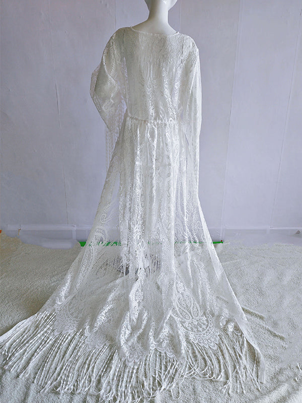 Encaje Blanco Borla Bohemia Puro Cintura Alta Manga Acampanada Vestidos De Foto De Maternidad