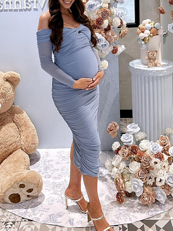 Azul Acanalado Hombros Descubiertos Cruz De Pecho Ajustado Elegante Vestidos De Invitada Vestidos Para Baby Shower