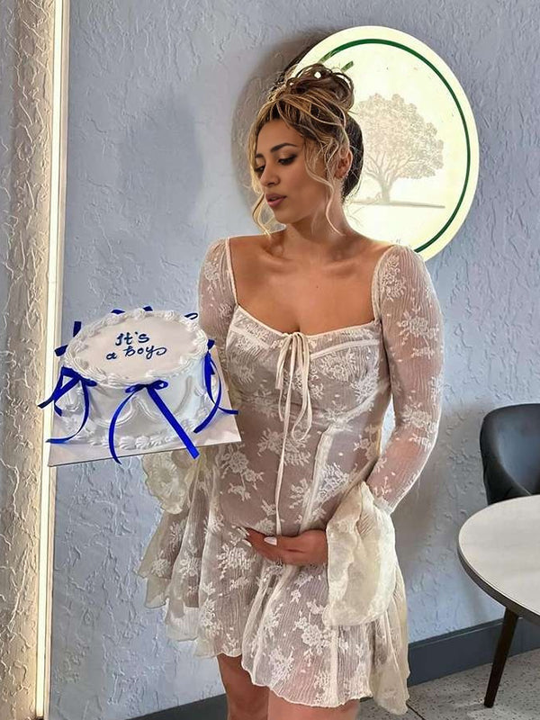 Beige Encaje Sin Hombros Arco Cordón Volante Manga Acampanada Para Baby Shower Maternidad Vestido Mini