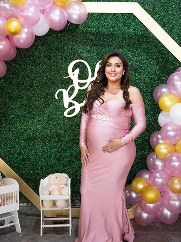 Rosa Sin Hombros Manga Larga Abertura Ajustado Fiesta De Bienvenida Al Bebé Bata Embarazo Maxivestido Premamá