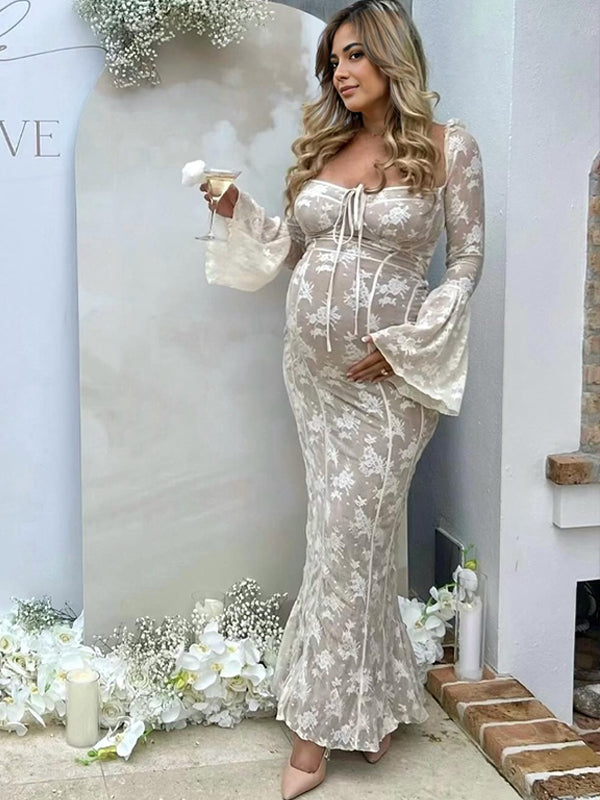 Blanco Encaje Corsé Cuello Cuadrado Manga Acampanad Hombros Descubiertos Ajustado Elegante Vestidos Para Baby Shower