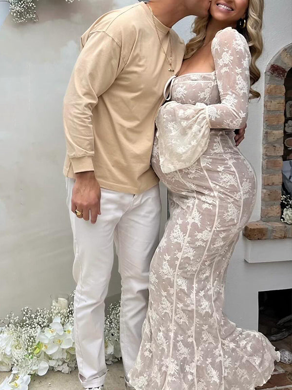 Blanco Encaje Corsé Cuello Cuadrado Manga Acampanad Hombros Descubiertos Ajustado Elegante Vestidos Para Baby Shower