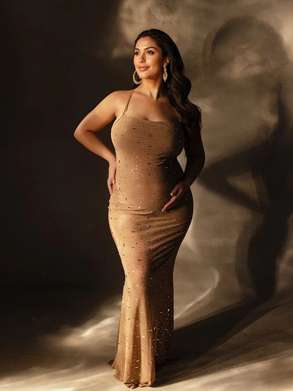 Vestido Largo de Maternidad Ajustado con Camiseta de Pedrería y Diamantes Sheer