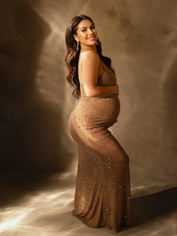 Vestido Largo de Maternidad Ajustado con Camiseta de Pedrería y Diamantes Sheer