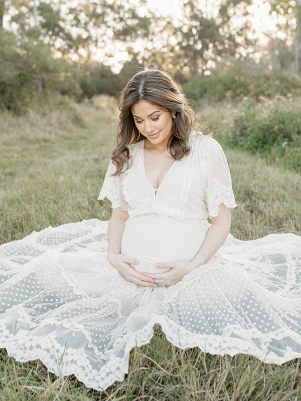 Vestido Largo Maternidad para Fotografía Bohemio Encaje y Cuello en V
