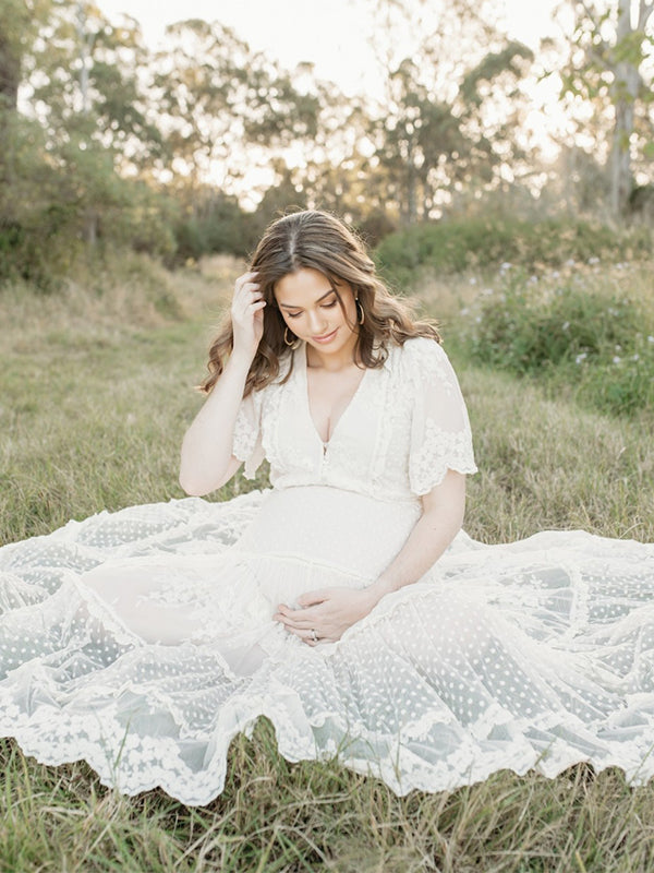 Vestido Largo Maternidad para Fotografía Bohemio Encaje y Cuello en V