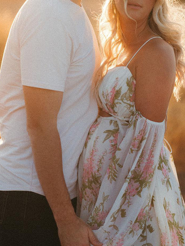 Blanco Florales Calado Hombros Descubiertos Espalda Descubierta De Tirantes Falda Amplia Elegante Bohemio Vestidos De Foto De Maternidad