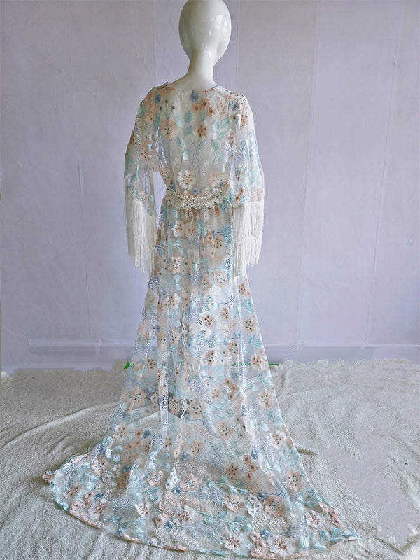 Vestido Premamá Boho De Encaje Con Empalme Borla Bordado Y Cuello En V